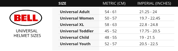 Bell Universal Helmet size chart