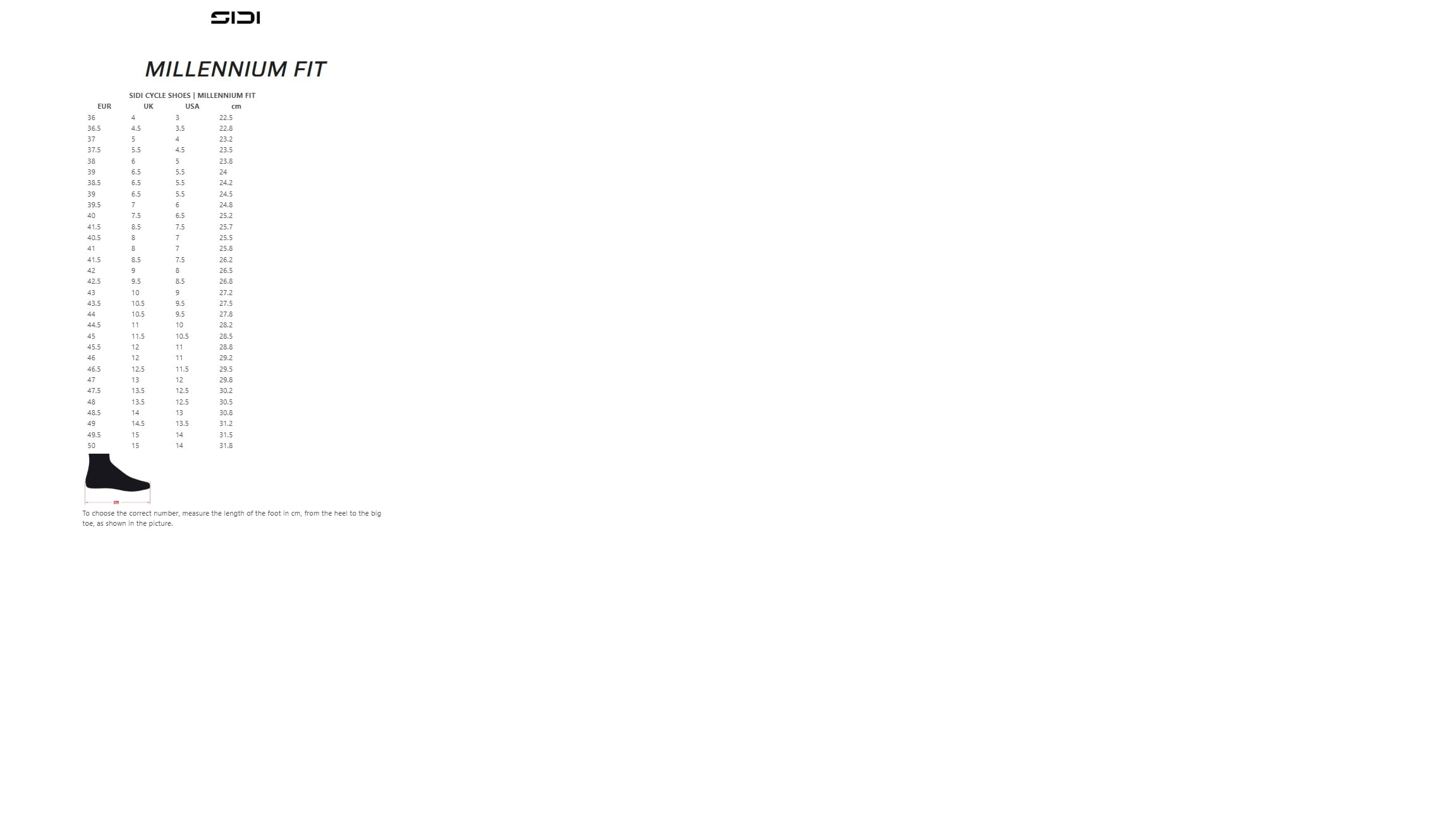 Sidi size chart