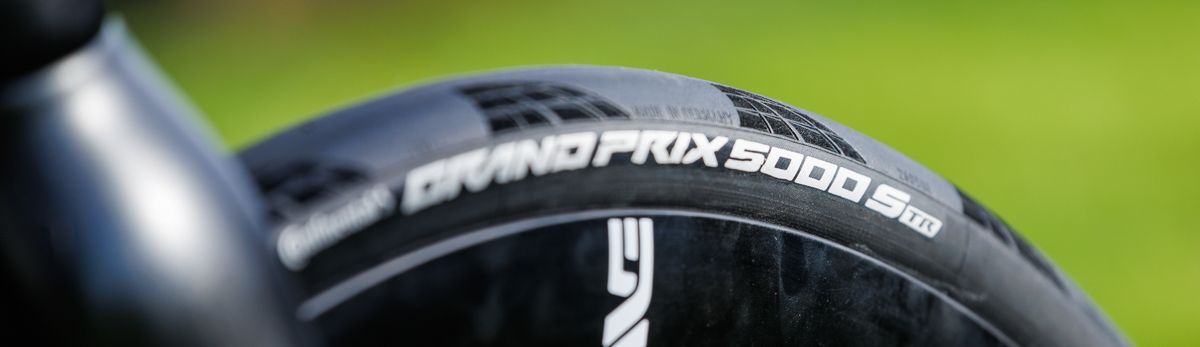 Closeup of a continental tire tread.