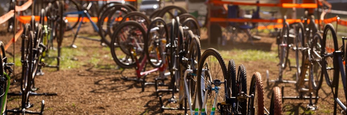 Upside down cyclocross bikes in the pit